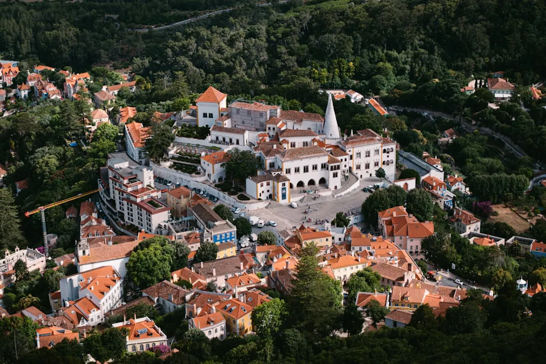 Aerial view of hillside Portuguese town with traditional architecture